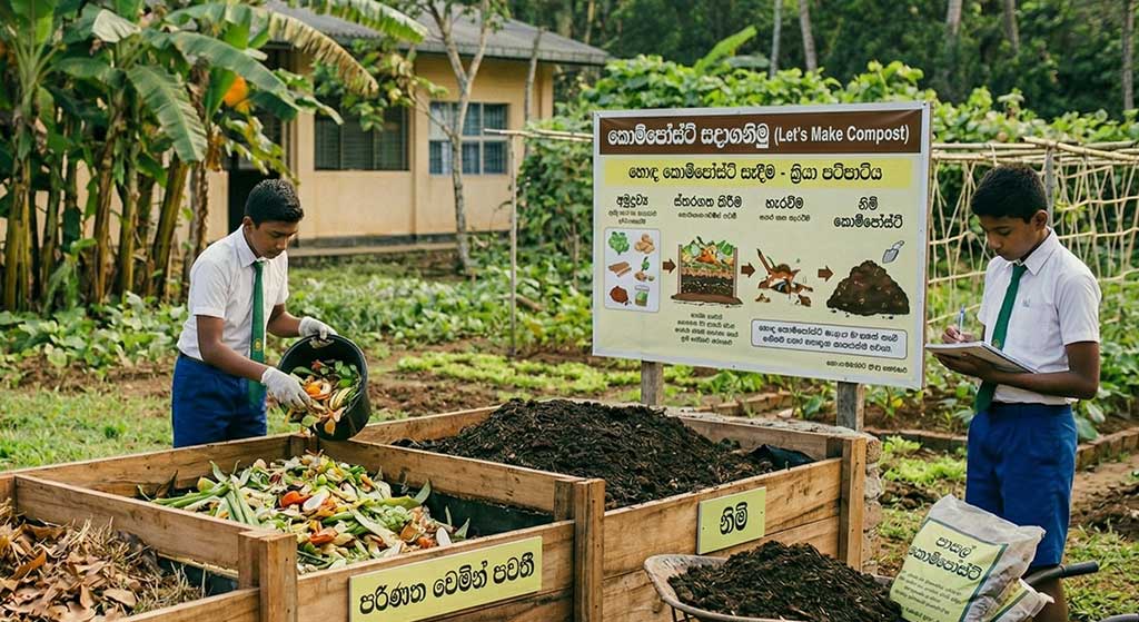 අත් දෙකක තබාගෙන ඇති සාරවත්, කළු පැහැති කොම්පෝස්ට් පොහොර