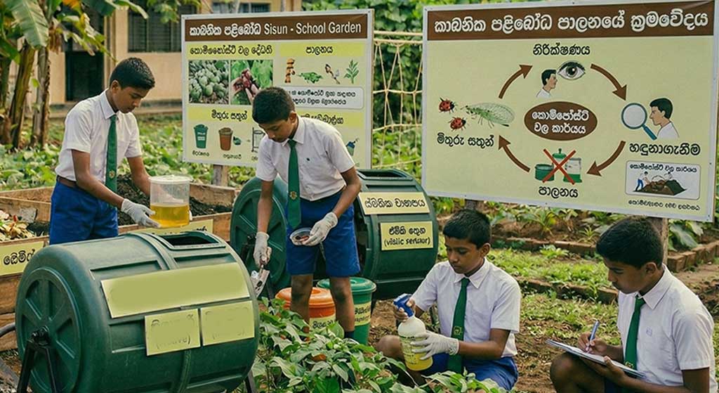 පුද්ගලයෙකු පැළයක කොළවල යටි පැත්තට ස්ප්‍රේ කරන අයුරු