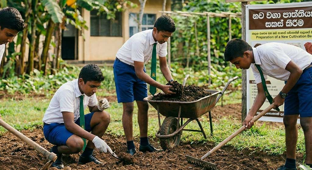 සකස් කරගත් වගා පාත්තියක් මතට කොම්පෝස්ට් තට්ටුවක් දමන අයුරු