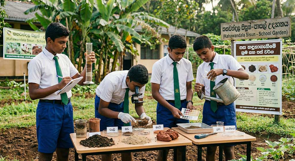 වීදුරු බෝතලයක පස් තැන්පත් වී ඇති ස්ථර (වැලි, මඩ, මැටි) පෙන්වන රූප සටහනක්