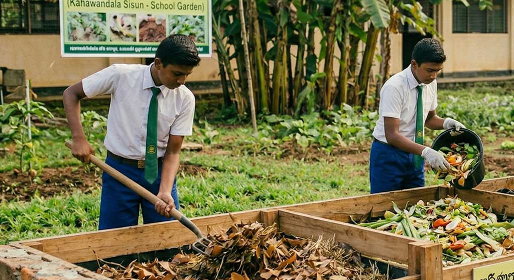 ගෙවතු ගෑරුප්පුවක් භාවිතයෙන් කොම්පෝස්ට් ගොඩක් පෙරලන අයුරු